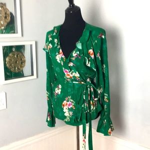 H&M Green Floral Long Ruffle Sleeve Wrap Blouse